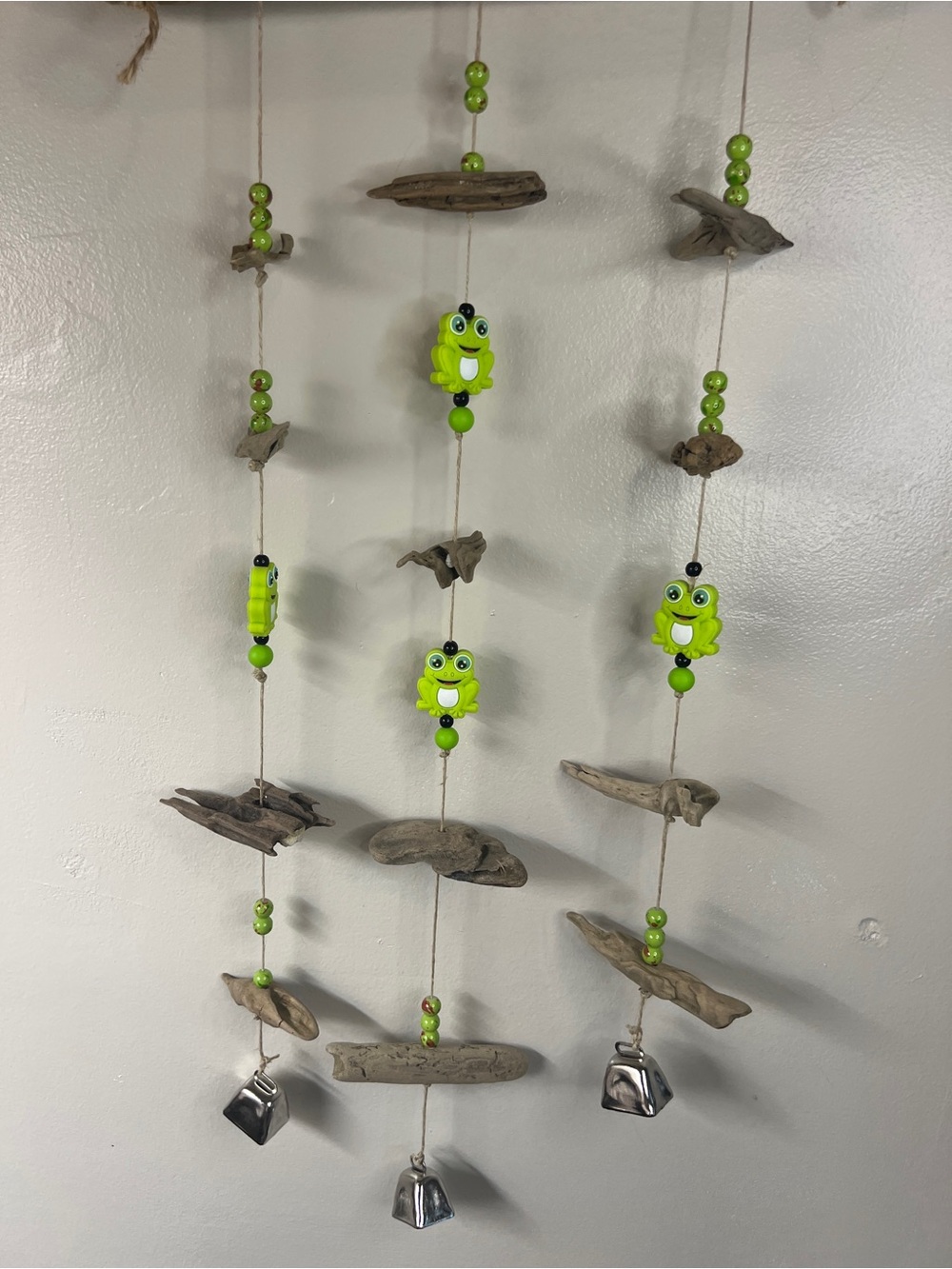 Hand Crafted Bright Lime Green Frog Driftwood Hanging windchime with bells